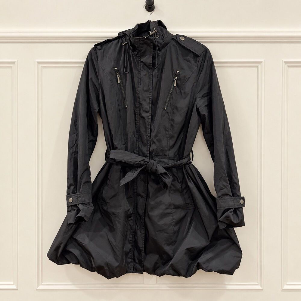 {Laundry by Shelli Segal} Black Hooded Belted Raincoat M - Picture 1 of 5